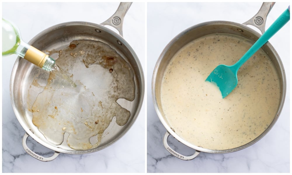 Deglazing a skillet with wine and making a cream sauce with herbs.