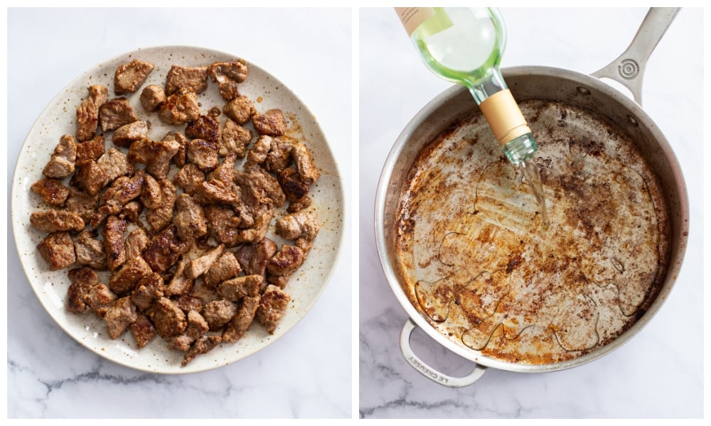 A plate of cooked pieces of beef next to a skillet being deglazed with wine.