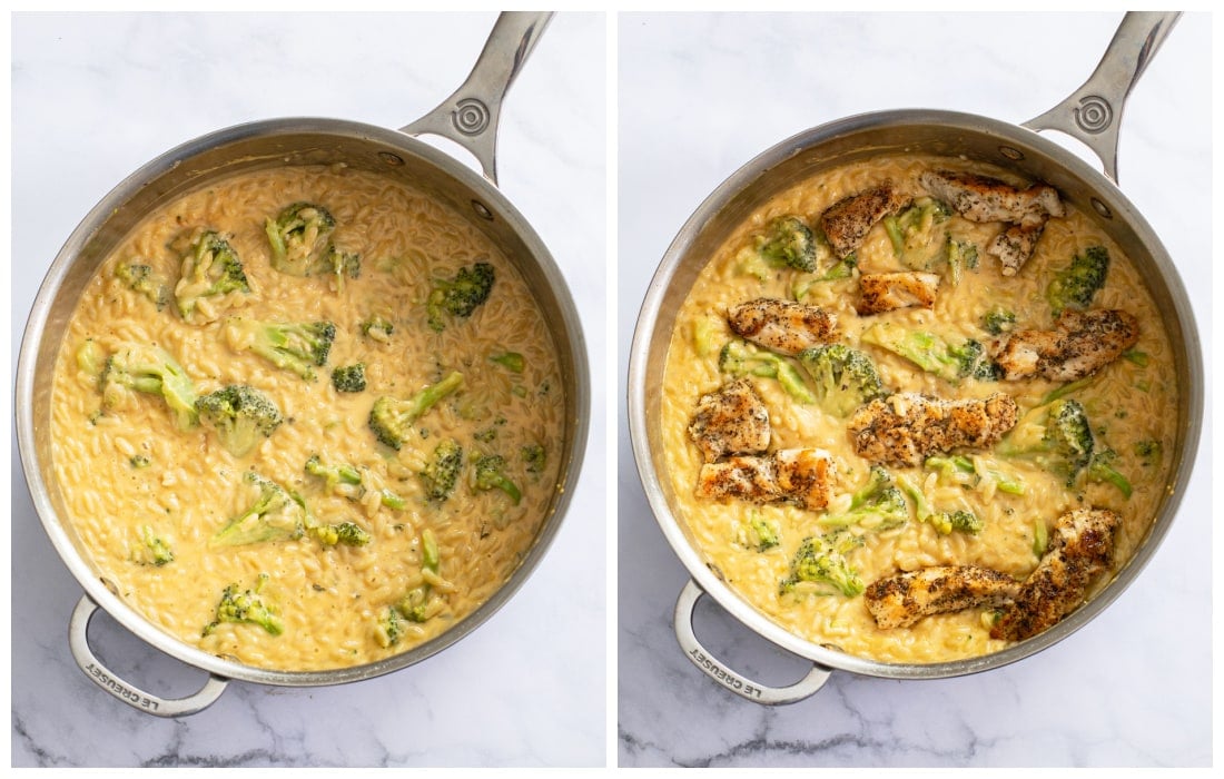 Adding orzo, broccoli, and chicken to a skillet with creamy cheese sauce to make Chicken and Orzo.