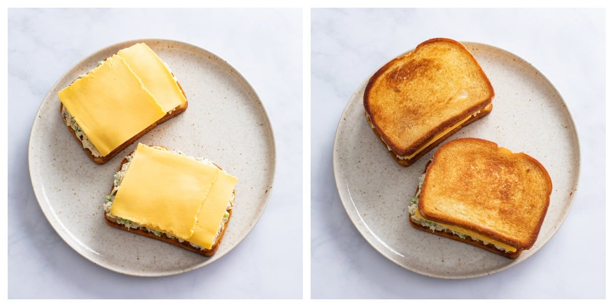 Making Tuna Melts by adding cheese and toasted bread.