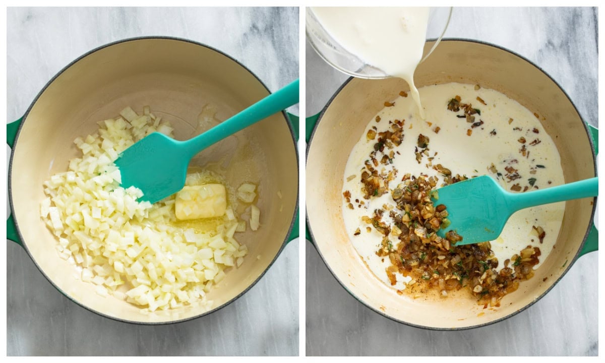 A pot of diced onions and butter next to a pot of caramelized onions with cream sauce being added.