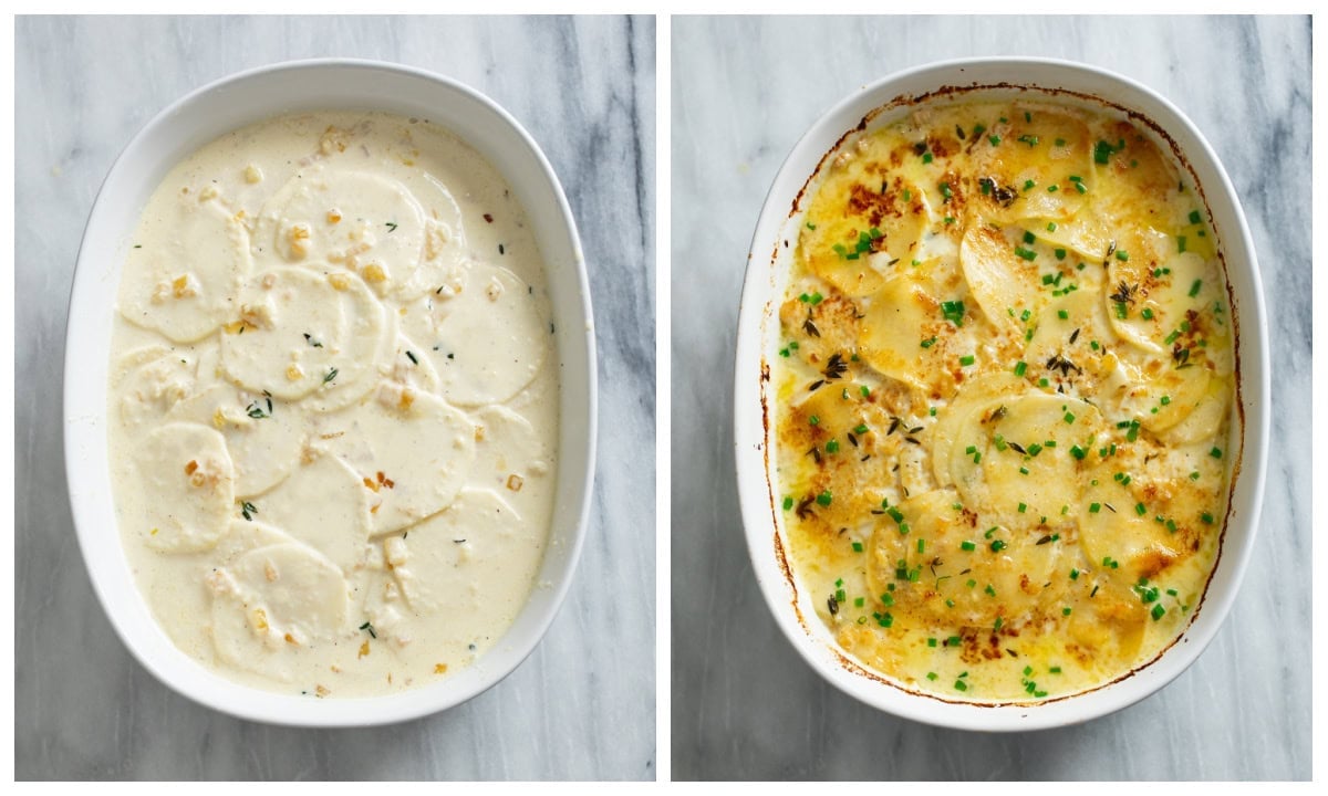 A baking dish filled with Au Gratin Potatoes before and after being baked.