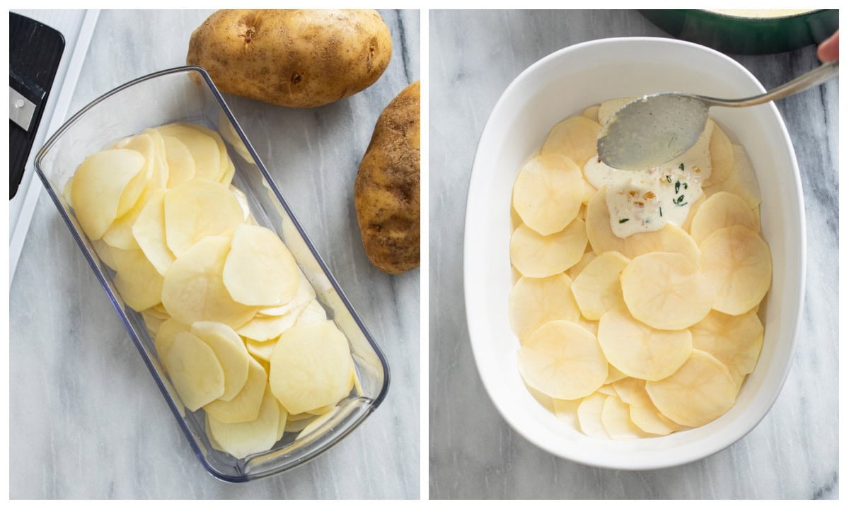 Sliced potatoes in a mandoline slicer container next to potato slices in a baking dish with sauce being added.