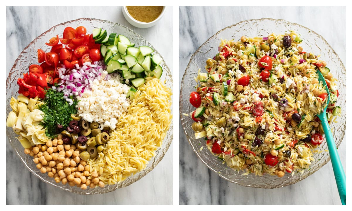 Orzo Salad in a bowl before and after being mixed together with the dressing.