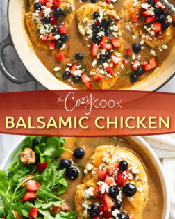 A collage of Balsamic Chicken in a skillet and on a white plate with a label in the middle.