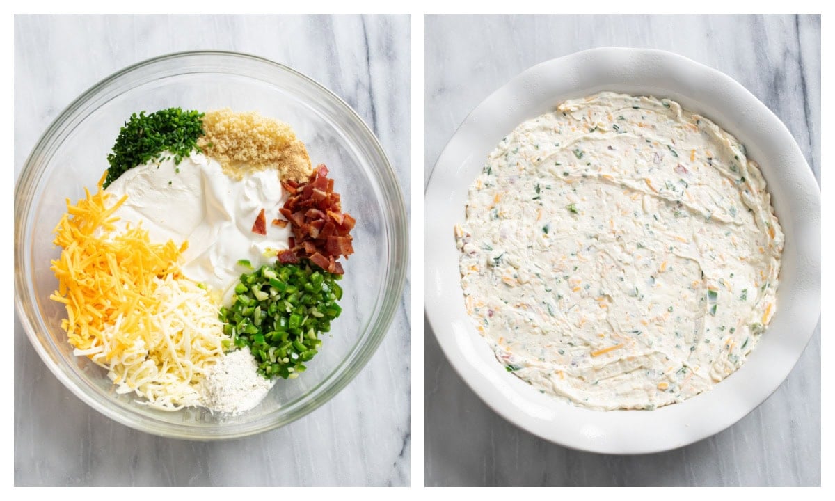 A large bowl with jalapeno popper dip ingredients next to a baking dish with the dip ingredients combined.