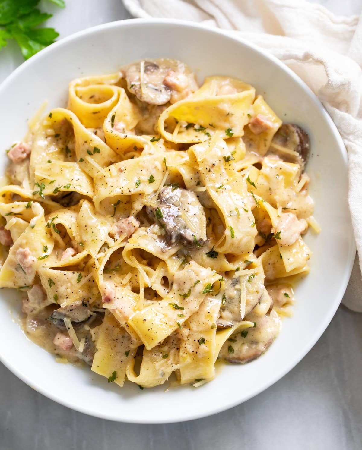 Truffle Pasta on a white plate with mushrooms, creamy sauce, and pancetta.