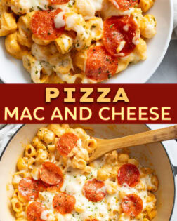 A collage of Pizza Mac and Cheese in a skillet and in white bowl.