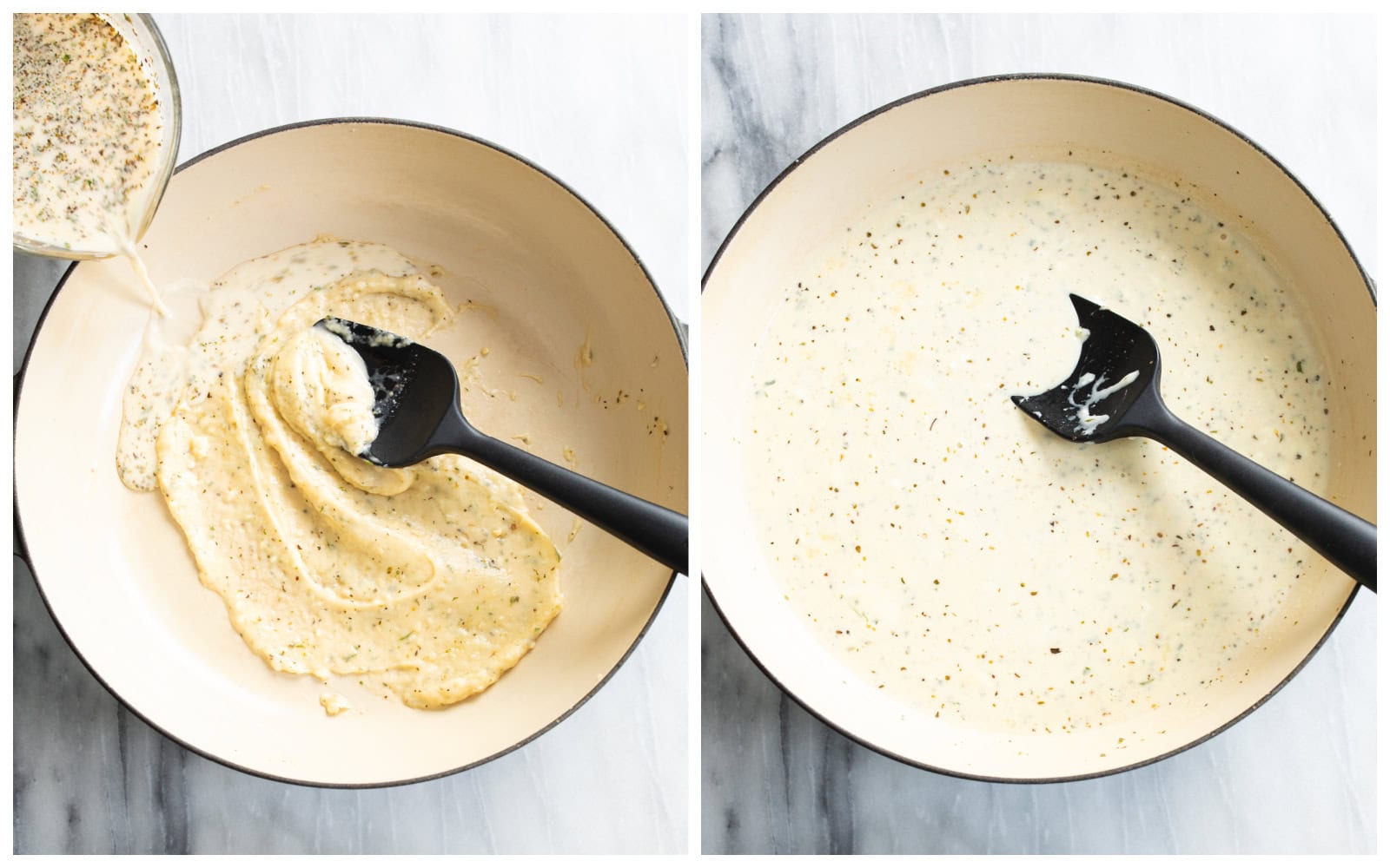A skillet with sauce being stirred into a roux next to a skillet with Boursin sauce for pasta.