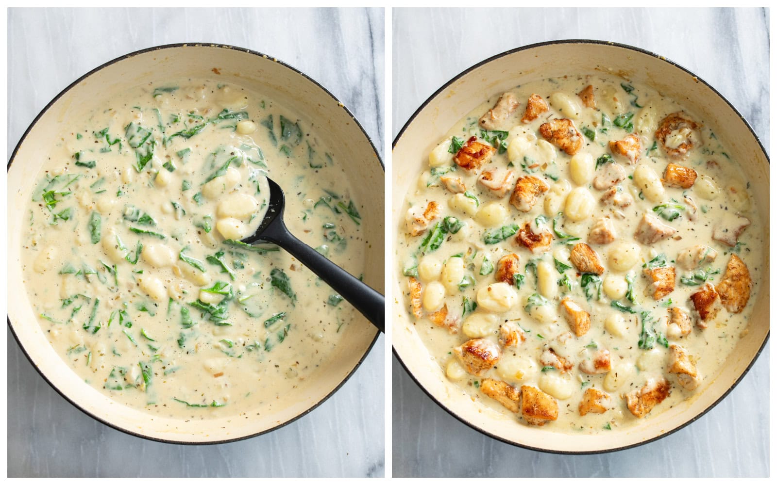 A skillet of gnocchi and spinach in a creamy sauce next to a skillet of Creamy Chicken Gnocchi.