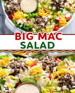 A collage of Big Mac Salad in a large white serving bowl with lettuce, ground beef, cheese, onions, pickles, tomatoes, and homemade big mac dressing.