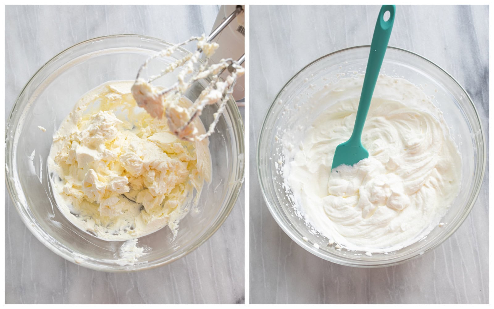 A bowl of whipped cream cheese filling next to a bowl of homemade whipped cream.