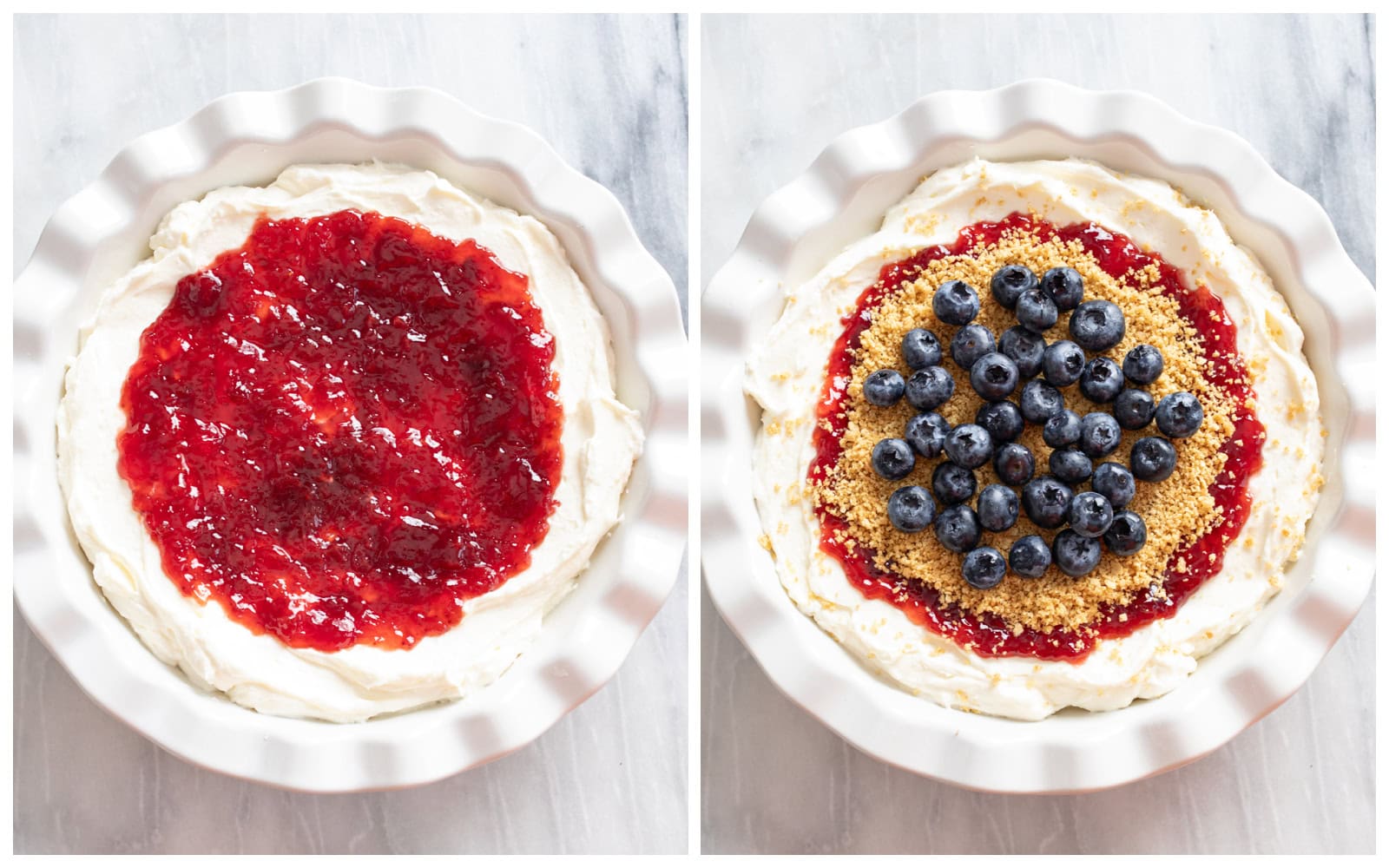 Cheesecake dip in a pie pan with jelly on top next to a completed cheesecake dip with graham cracker crumbs and blueberries on top.